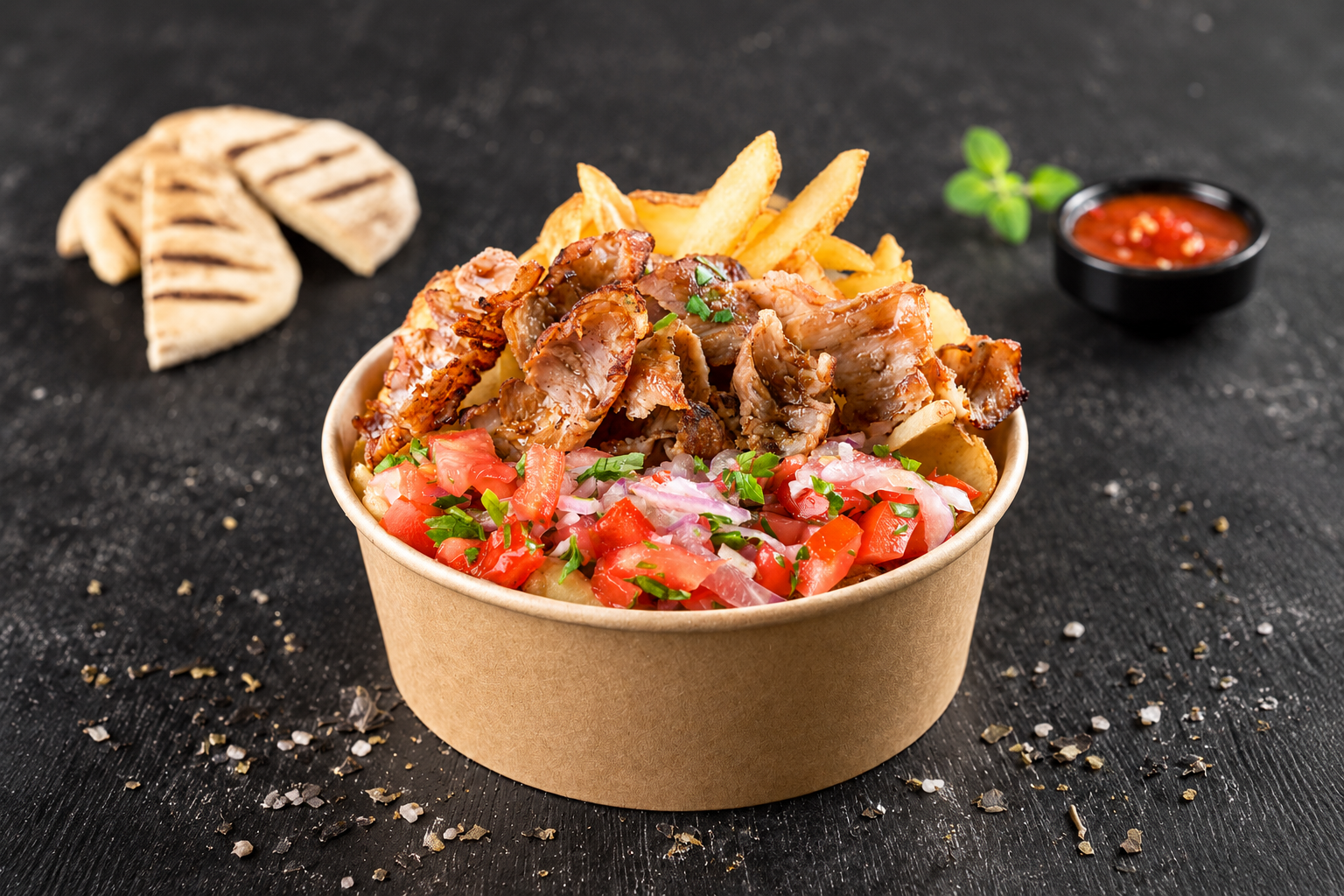 Greek gyros served in a kraft bowl