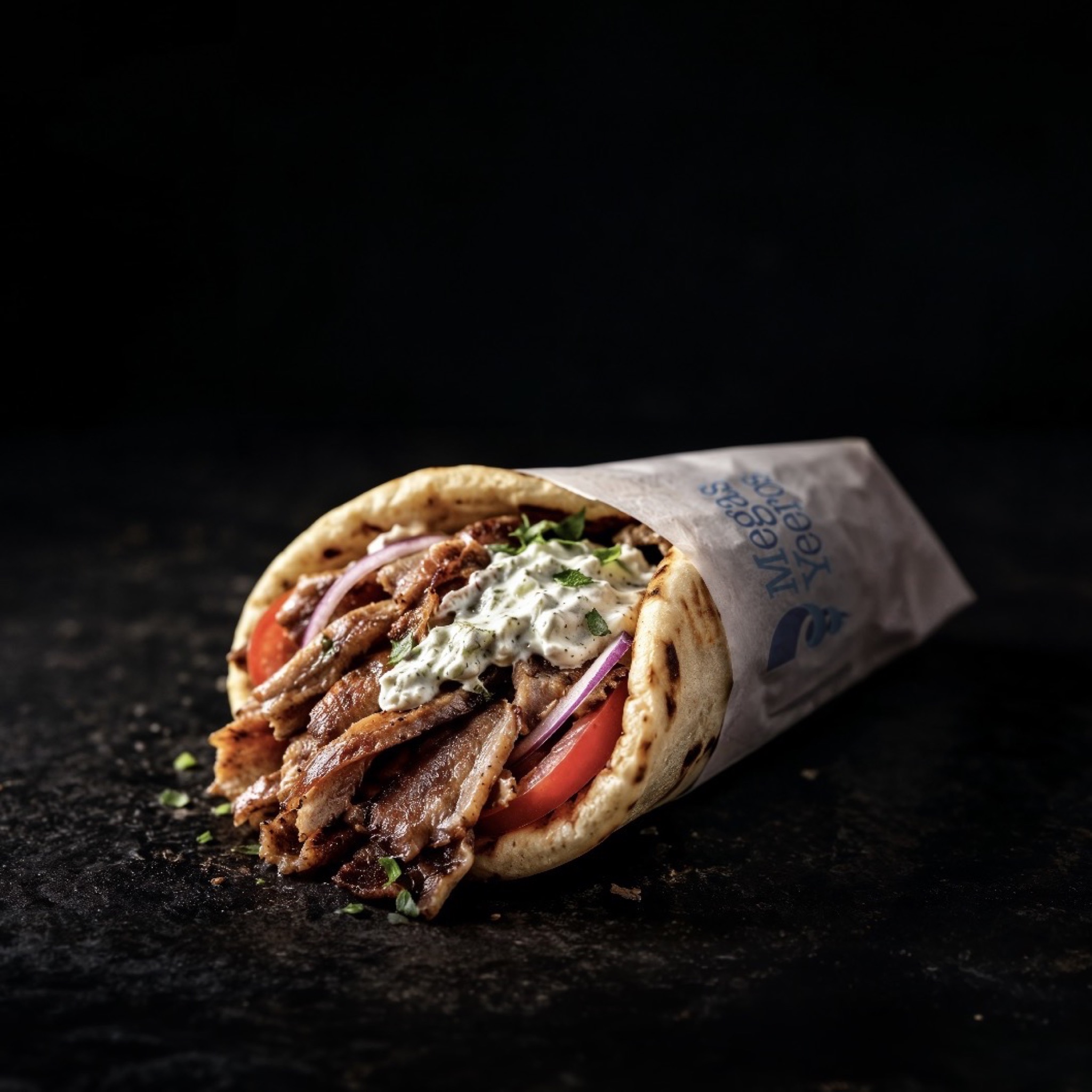 Greek gyros served in pita with tomato, onion and sauce